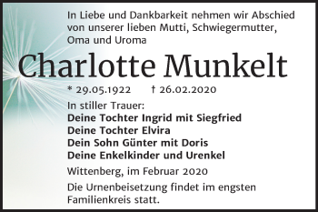 Traueranzeige von Charlotte Munkelt von Super Sonntag Wittenberg