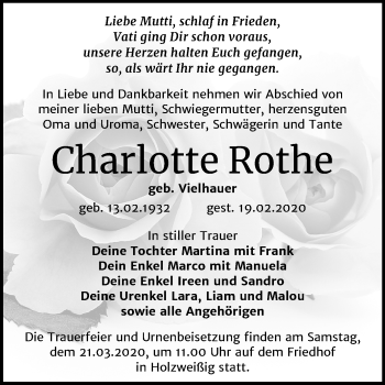Traueranzeige von Charlotte Rothe von Wochenspiegel Bitterfeld