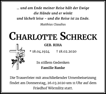 Traueranzeige von Charlotte Schreck von Mitteldeutsche Zeitung Halle/Saalkreis