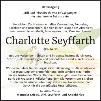 Traueranzeige von Charlotte Seyffarth von Mitteldeutsche Zeitung Mansfelder Land