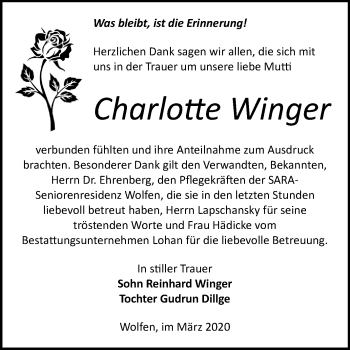 Traueranzeige von Charlotte Winger von Mitteldeutsche Zeitung Bitterfeld