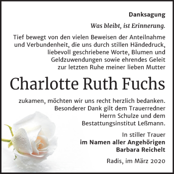 Traueranzeige von Charlotte Ruth Fuchs von Super Sonntag Wittenberg