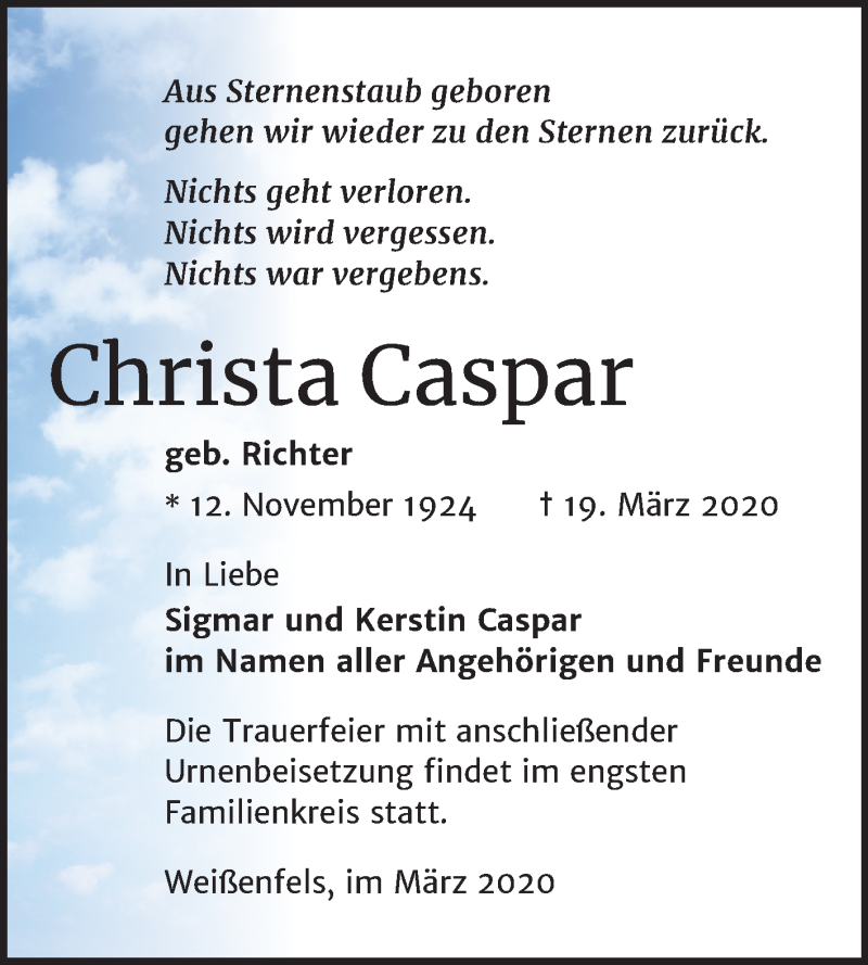  Traueranzeige für Christa Caspar vom 28.03.2020 aus Super Sonntag Weißenfels
