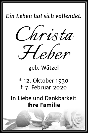 Traueranzeige von Christa Heber von Mitteldeutsche Zeitung Weißenfels