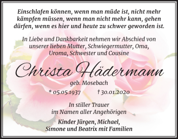 Traueranzeige von Christa Hädermann von Mitteldeutsche Zeitung Aschersleben