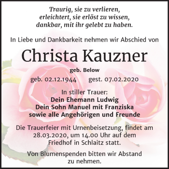 Traueranzeige von Christa Kauzner von Mitteldeutsche Zeitung Bitterfeld