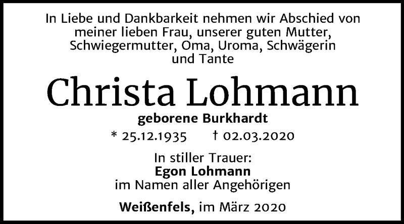  Traueranzeige für Christa Lohmann vom 11.03.2020 aus Wochenspiegel Weißenfels