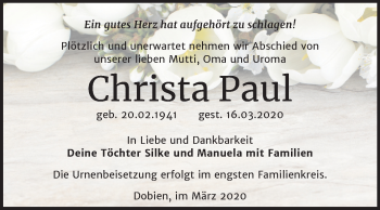 Traueranzeige von Christa Paul von Mitteldeutsche Zeitung Wittenberg