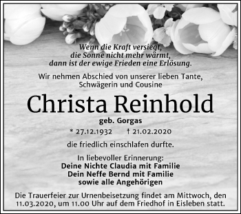 Traueranzeige von Christa Reinhold von Wochenspiegel Mansfelder Land