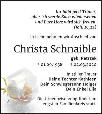 Traueranzeige von Christa Schnaible von Mitteldeutsche Zeitung Bitterfeld