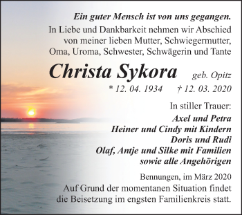 Traueranzeige von Christa Sykora von Mitteldeutsche Zeitung Sangerhausen