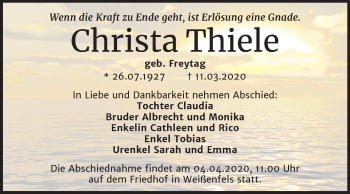 Traueranzeige von Christa Thiele von Mitteldeutsche Zeitung Weißenfels