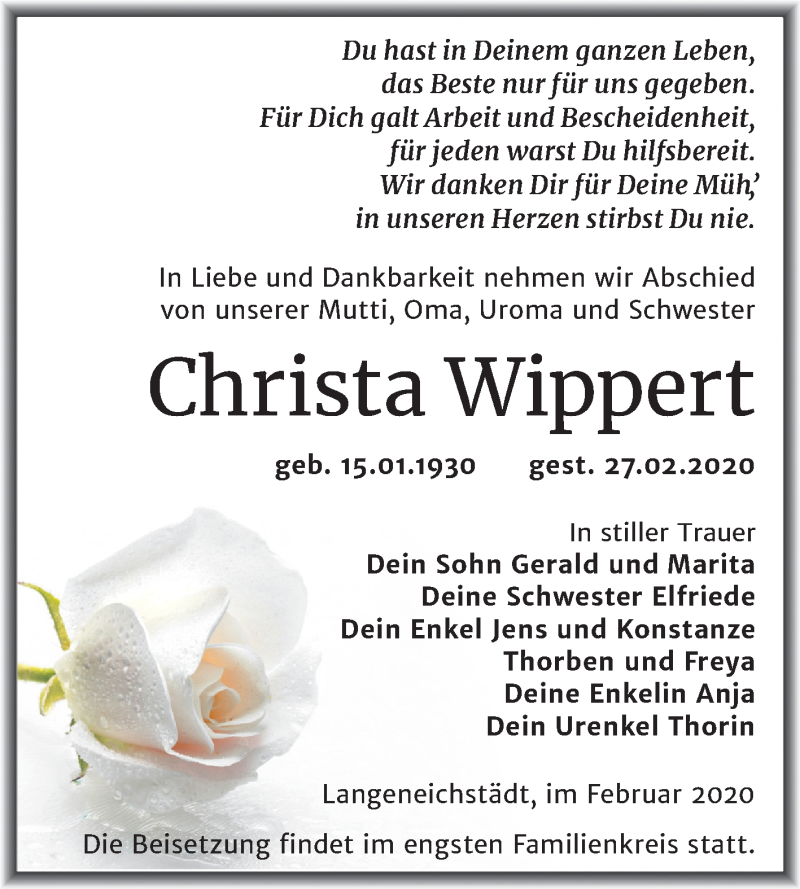  Traueranzeige für Christa Wippert vom 07.03.2020 aus Super Sonntag Merseburg/Querfurt