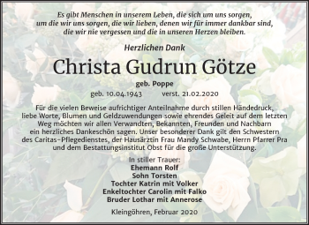 Traueranzeige von Christa Gudrun Götze von Mitteldeutsche Zeitung Weißenfels