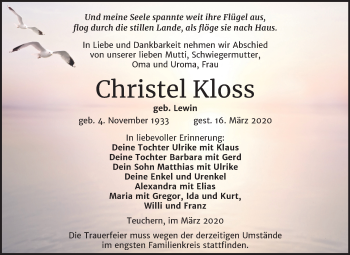 Traueranzeige von Christel Kloss von Super Sonntag Weißenfels