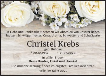 Traueranzeige von Christel Krebs von Mitteldeutsche Zeitung Halle/Saalkreis