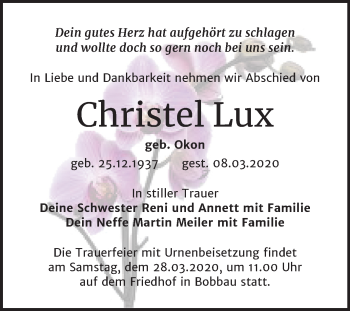 Traueranzeige von Christel Lux von Mitteldeutsche Zeitung Bitterfeld