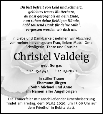 Traueranzeige von Christel Valdeig von Super Sonntag Bernburg