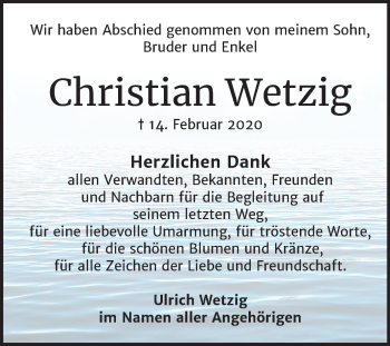 Traueranzeige von Christian Wetzig von Wochenspiegel Bitterfeld