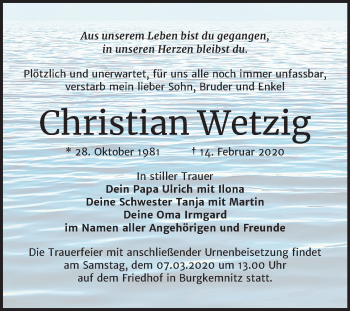 Traueranzeige von Christian Wetzig von Wochenspiegel Bitterfeld