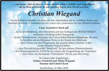 Traueranzeige von Christian Wiegand von Mitteldeutsche Zeitung Quedlinburg