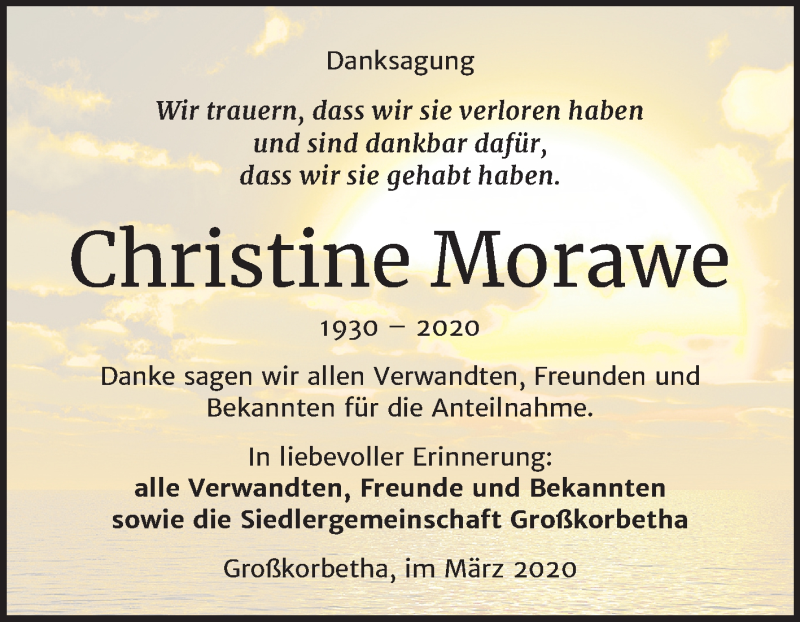  Traueranzeige für Christine Morawe vom 07.03.2020 aus Mitteldeutsche Zeitung Weißenfels