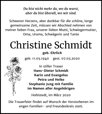 Traueranzeige von Christine Schmidt von Mitteldeutsche Zeitung Sangerhausen