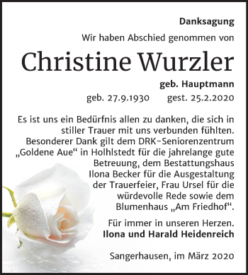 Traueranzeige von Christine Wurzler von Super Sonntag Sangerhausen