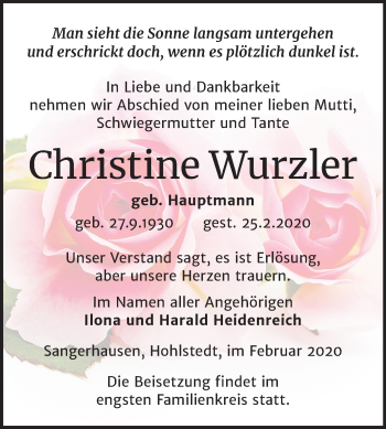 Traueranzeige von Christine Wurzler von Wochenspiegel Sangerhausen