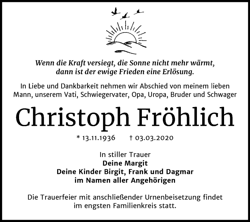 Traueranzeige für Christoph Fröhlich vom 14.03.2020 aus Mitteldeutsche Zeitung Halle/Saalkreis