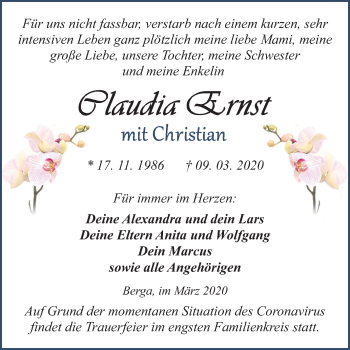 Traueranzeige von Claudia Ernst von Mitteldeutsche Zeitung Sangerhausen
