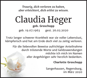 Traueranzeige von Claudia Heger von Super Sonntag Sangerhausen