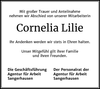 Traueranzeige von Cornelia Lilie von Mitteldeutsche Zeitung Sangerhausen