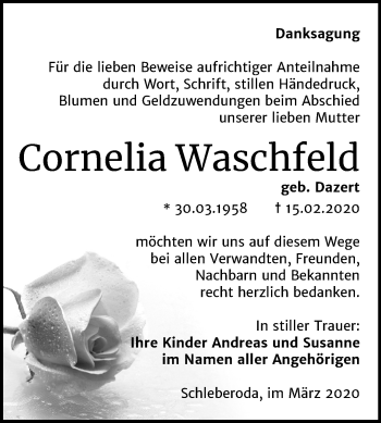 Traueranzeige von Cornelia Waschfeld von Wochenspiegel Naumburg/Nebra