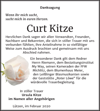 Traueranzeige von Curt Kitze von Wochenspiegel Weißenfels