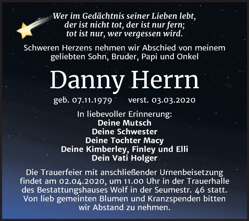  Traueranzeige für Danny Herrn vom 18.03.2020 aus Wochenspiegel Weißenfels