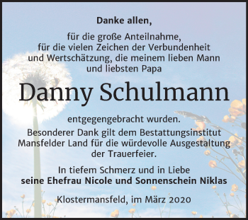 Traueranzeige von Danny Schulmann von Super Sonntag Mansfelder Land