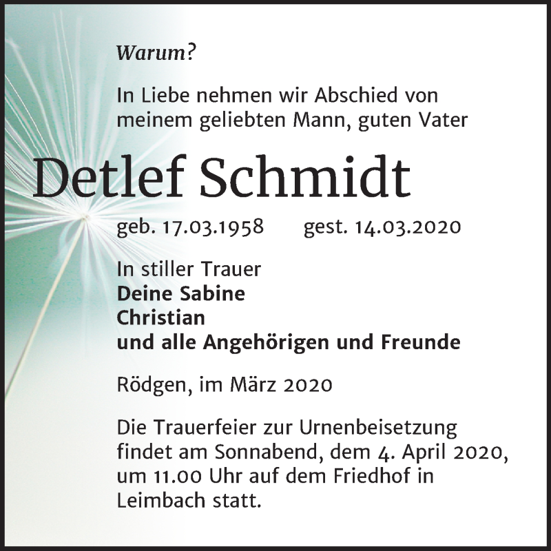  Traueranzeige für Detlef Schmidt vom 26.03.2020 aus Mitteldeutsche Zeitung Mansfelder Land