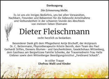 Traueranzeige von Dieter Fleischmann von Super Sonntag Wittenberg