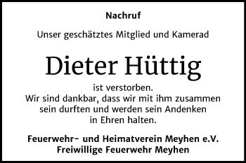 Traueranzeige von Dieter Hüttig von Wochenspiegel Naumburg/Nebra
