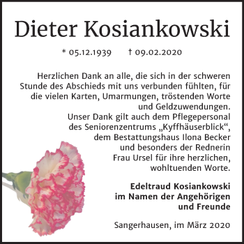 Traueranzeige von Dieter Kosiankowski von Mitteldeutsche Zeitung Sangerhausen