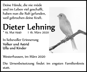 Traueranzeige von Dieter Lehning von Super Sonntag Quedlinburg