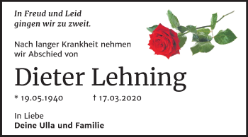 Traueranzeige von Dieter Lehning von Super Sonntag Quedlinburg