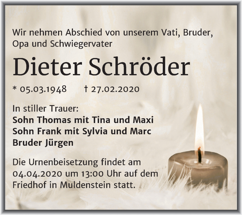  Traueranzeige für Dieter Schröder vom 28.03.2020 aus Mitteldeutsche Zeitung Bitterfeld