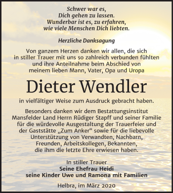 Traueranzeige von Dieter Wendler von Wochenspiegel Mansfelder Land