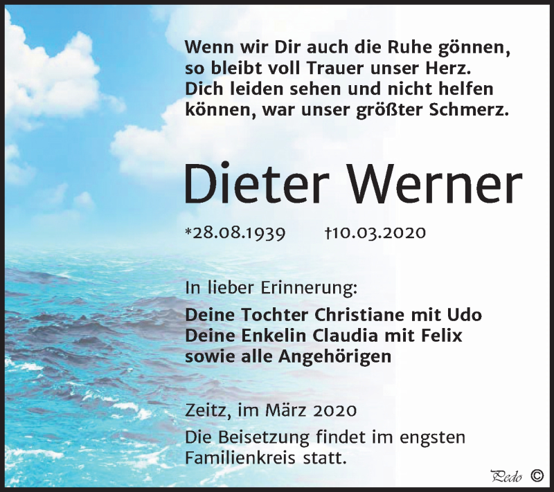  Traueranzeige für Dieter Werner vom 14.03.2020 aus Super Sonntag Zeitz