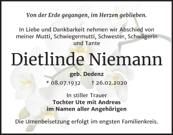 Traueranzeige von Dietlinde Niemann von Super Sonntag Bernburg