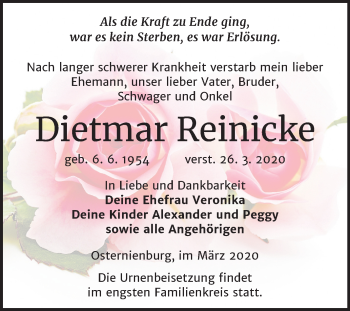 Traueranzeige von Dietmar Reinicke von Mitteldeutsche Zeitung Köthen