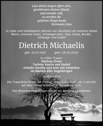 Traueranzeige von Dietrich Michaelis von Wochenspiegel Naumburg/Nebra
