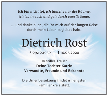 Traueranzeige von Dietrich Rost von Super Sonntag Köthen